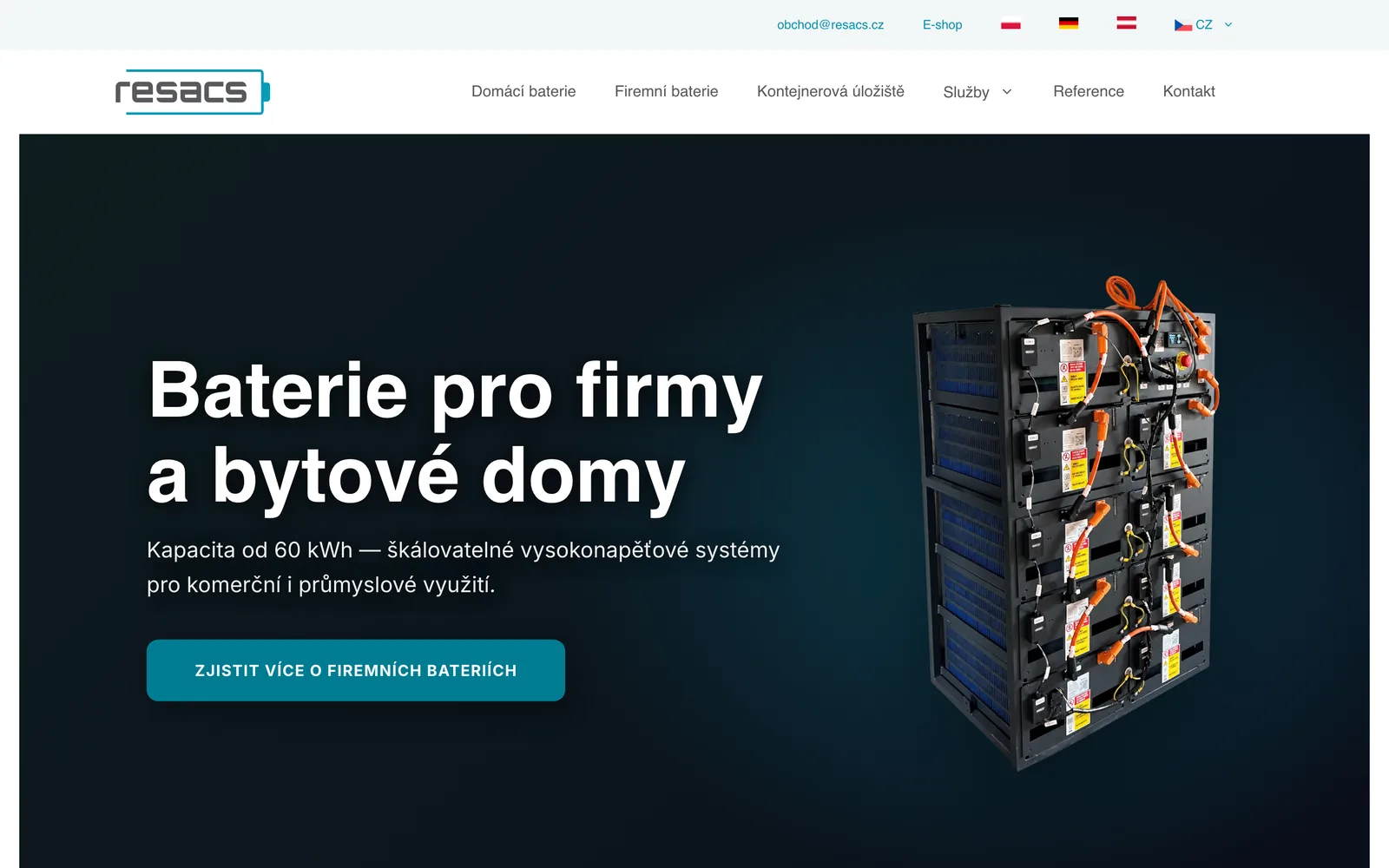 Současný web resacs.cz: tmavá úvodní stránka s nadpisem Baterie pro firmy a bytové domy